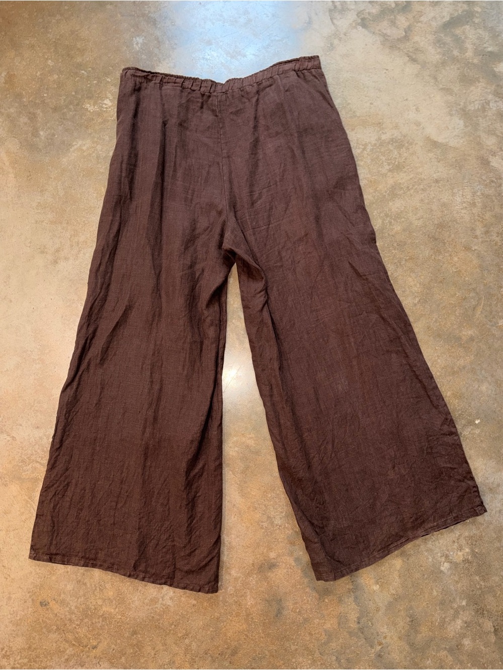 Linen Blend Wide Leg Pants Brown Elastic Waist Coastal Summer Relaxed Fit L - Picture 2 of 12